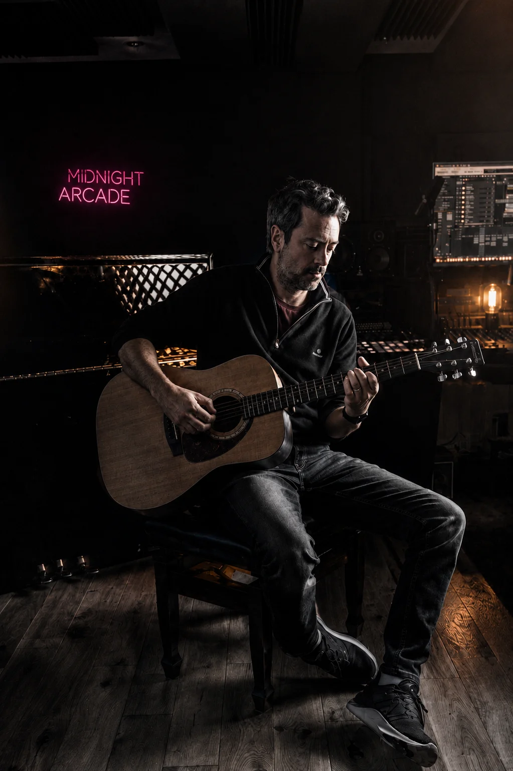 Midnight Arcade — Dan Myers playing acoustic guitar in the studio beneath a neon sign